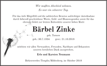 Traueranzeige von Bärbel Zinke von Märkische Oderzeitung