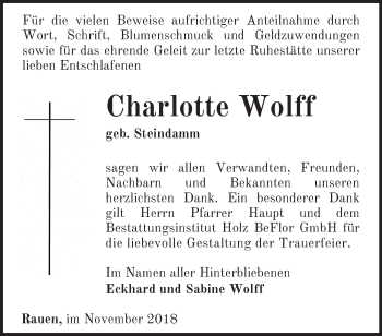 Traueranzeige von Charlotte Wolff von Märkische Oderzeitung