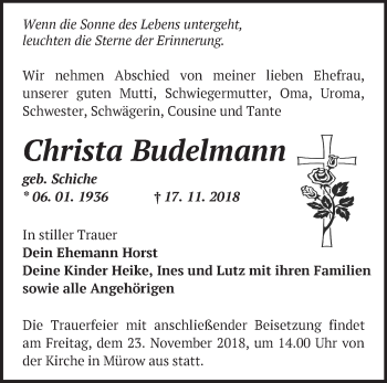 Traueranzeige von Christa Budelmann von Märkische Oderzeitung