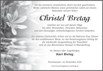 Traueranzeige von Christel Bretag von Märkische Oderzeitung