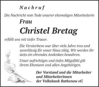 Traueranzeige von Christel Bretag von Märkische Oderzeitung