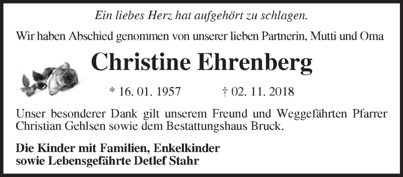  Traueranzeige für Christine Ehrenberg vom 25.11.2018 aus Märkische Oderzeitung