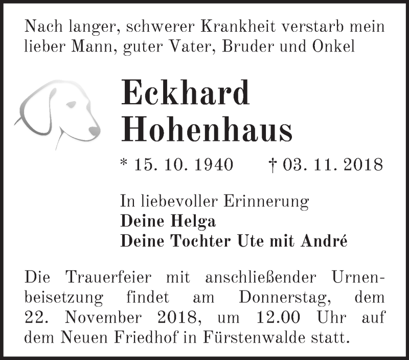  Traueranzeige für Eckhard Hohenhaus vom 17.11.2018 aus Märkische Oderzeitung