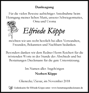 Traueranzeige von Elfriede Köppe von Märkische Oderzeitung