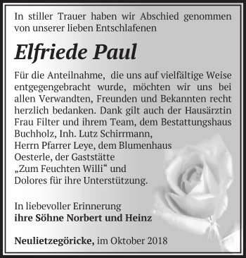 Traueranzeige von Elfriede Paul von Märkische Oderzeitung