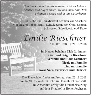 Traueranzeige von Emilie Rieschner von Märkische Oderzeitung