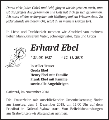 Traueranzeige von Erhard Ebel von Märkische Oderzeitung