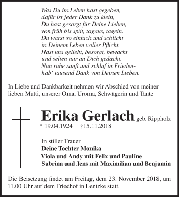 Traueranzeige von Erika Gerlach von Märkische Oderzeitung