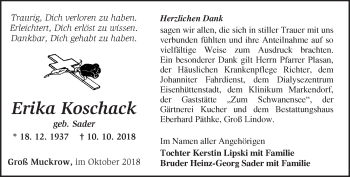 Traueranzeige von Erika Koschack von Märkische Oderzeitung