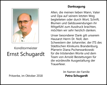 Traueranzeige von Ernst Schugardt von Märkische Oderzeitung