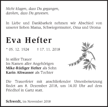 Traueranzeige von Eva Hefter von Märkische Oderzeitung