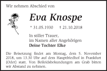 Traueranzeige von Eva Knospe von Märkische Oderzeitung