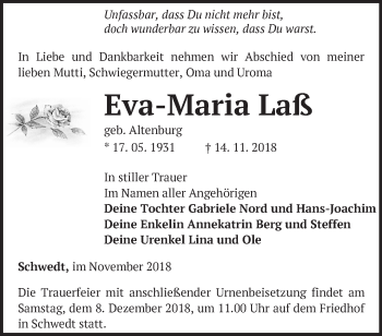 Traueranzeige von Eva-Maria Laß von Märkische Oderzeitung