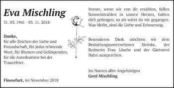 Traueranzeige von Eva Mischling von Märkische Oderzeitung
