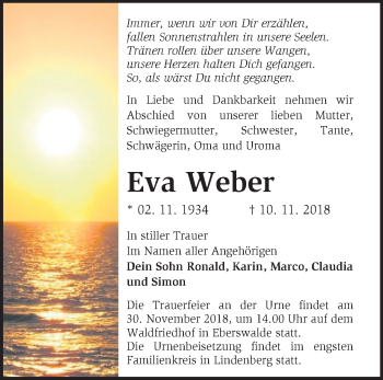 Traueranzeige von Eva Weber von Märkische Oderzeitung