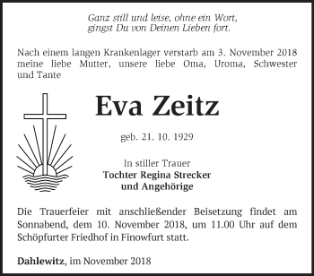 Traueranzeige von Eva Zeitz von Märkische Oderzeitung