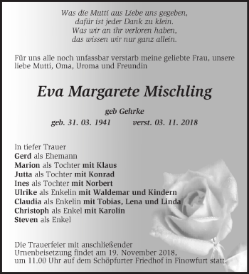 Traueranzeige von Eva Margarete Mischling von Märkische Oderzeitung