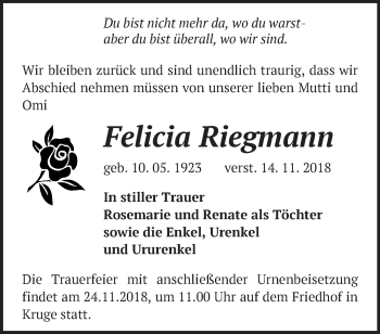 Traueranzeige von Felicia Riegmann von Märkische Oderzeitung