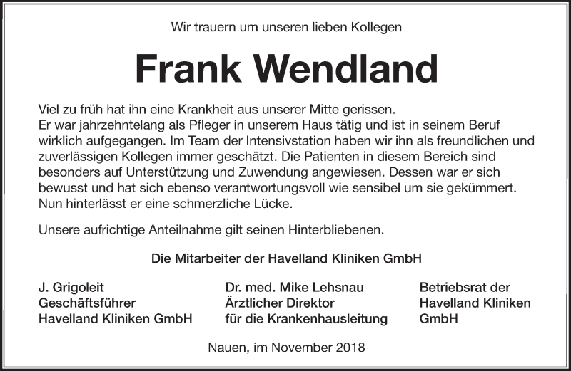  Traueranzeige für Frank Wendland vom 11.11.2018 aus Märkische Oderzeitung