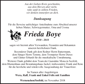 Traueranzeige von Frieda Boye von Märkische Oderzeitung