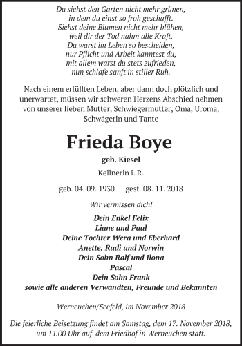 Traueranzeige von Frieda Boye von Märkische Oderzeitung