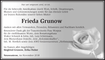 Traueranzeige von Frieda Grunow von Märkische Oderzeitung