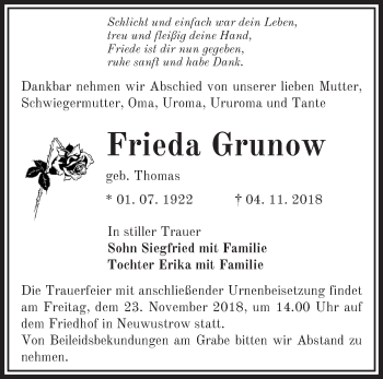 Traueranzeige von Frieda Grunow von Märkische Oderzeitung