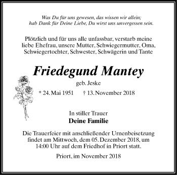 Traueranzeige von Friedegund Mantey von Märkische Oderzeitung