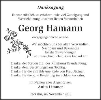 Traueranzeige von Georg Hamann von Märkische Oderzeitung