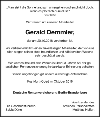 Traueranzeige von Gerald Demmler von Märkische Oderzeitung