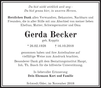 Traueranzeige von Gerda Becker von Märkische Oderzeitung