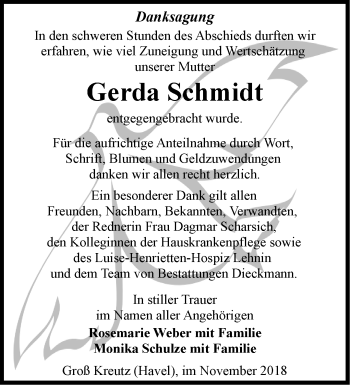 Traueranzeige von Gerda Schmidt von Märkische Oderzeitung