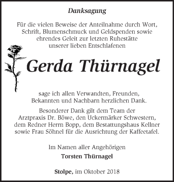 Traueranzeige von Gerda Thürnagel von Märkische Oderzeitung