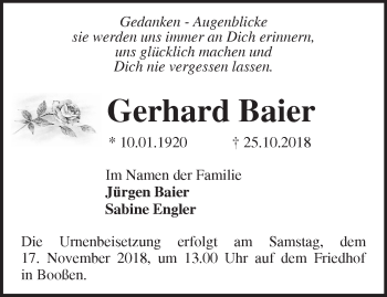 Traueranzeige von Gerhard Baier von Märkische Oderzeitung