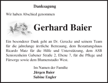 Traueranzeige von Gerhard Baier von Märkische Oderzeitung