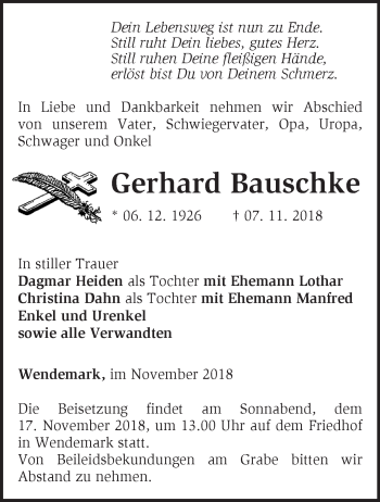 Traueranzeige von Gerhard Bauschke von Märkische Oderzeitung