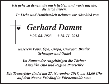 Traueranzeige von Gerhard Damm von Märkische Oderzeitung