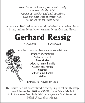 Traueranzeige von Gerhard Ressig von Märkische Oderzeitung