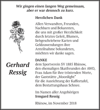 Traueranzeige von Gerhard Ressig von Märkische Oderzeitung