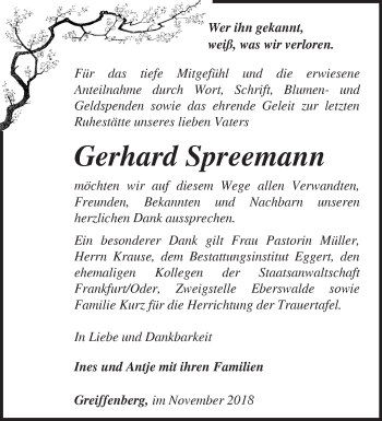 Traueranzeige von Gerhard Spreemann von Märkische Oderzeitung