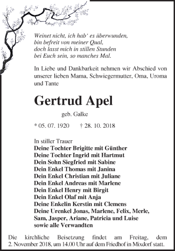 Traueranzeige von Gertrud Apel von Märkische Oderzeitung