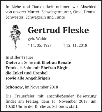 Traueranzeige von Gertrud Fleske von Märkische Oderzeitung