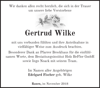 Traueranzeige von Gertrud Wilke von Märkische Oderzeitung