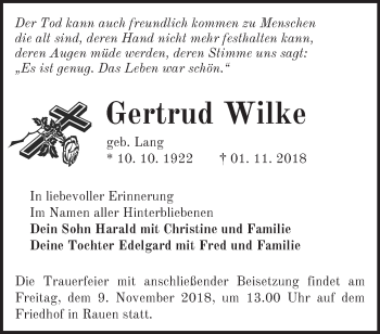 Traueranzeige von Gertrud Wilke von Märkische Oderzeitung