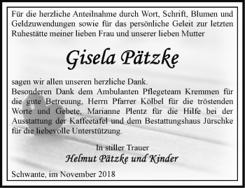 Traueranzeige von Gisela Pätzke von Märkische Oderzeitung