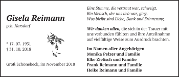 Traueranzeige von Gisela Reimann von Märkische Oderzeitung