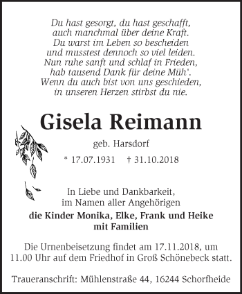 Traueranzeige von Gisela Reimann von Märkische Oderzeitung