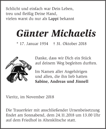 Traueranzeige von Günter Michaelis von Märkische Oderzeitung