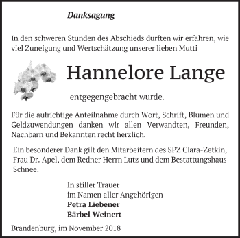 Traueranzeige von Hannelore Lange von Märkische Oderzeitung