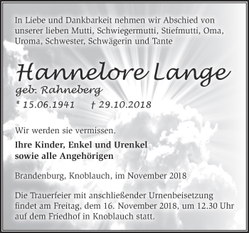 Traueranzeige von Hannelore Lange von Märkische Oderzeitung